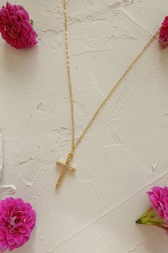 The most unique and 18k Gold-filled chain necklace with CZ diamond cross. Can be layered up with other necklaces or worn itself. 14k Gold-filled chain Freshwater Pearls CZ Diamonds length: 14" + 2.5" Extender 100% Handmade With 100% JOY Gold Plated Delicate Chain Necklace With Cross Pendant, Gift Cross Necklace With Cable Chain, Gold Jewelry With Cable Chain Cross Pendant, Gold Cross Necklace With Delicate Chain In Sterling Silver, Gold Cubic Zirconia Cross Necklace As A Gift, Gold Cross Pendant Jewelry With Cable Chain, Dainty Cross Necklace In Cubic Zirconia, Dainty Cubic Zirconia Cross Necklace, Gold Cross Pendant Cable Chain Jewelry