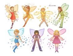 four different types of tinkerbells with stars on their backs and wings, all wearing