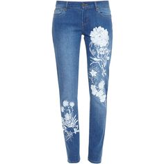 ALICE ARCHER Embroidered Skinny Jeans (£450) ❤ liked on Polyvore featuring jeans, flower print jeans, blue skinny jeans, denim skinny jeans, floral printed jeans and 5 pocket jeans Trendy Embroidery, Denim Inspiration, Print Jeans, Floral Jeans, Love Jeans, Embellished Jeans, Painted Clothes