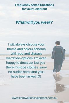 a man walking on the beach with his back to the camera and text that reads frequently asked questions for your celebrant