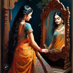 a painting of a woman looking in a mirror with long hair and wearing an orange sari