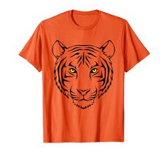 an orange t - shirt with a tiger's face drawn on the chest and yellow eyes