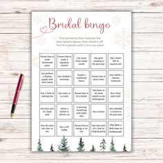 the printable bridal bingo game with pine trees and snowflakes on it