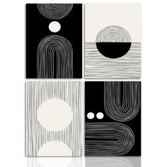 three black and white paintings with circles on them