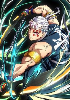 an anime character with white hair and blue eyes, holding two swords in his hands