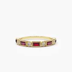 14k Baguette Ruby and Diamond Ring Diamond Silver Ring, Bezel Band, Ruby And Diamond Ring, Silver Diamond Ring, Solid Gold Band, Local Jewelry, Delicate Earrings, Diamond Color, Sterling Silver Bands