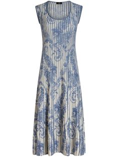 light blue/white knitted construction paisley print scoop neck sleeveless flared straight hem mid-length slip-on style Tiered Midi Dress, City Dress, Cotton Midi Dress, Blue Midi Dress, Printed Midi Dress, Black Midi Dress, Tank Dress, Paisley Print, Denim Dress