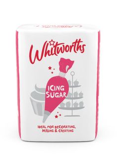 whiteworths icing sugar cube with pink trim on the front and red bottom