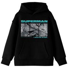 Celebrate Earth's greatest defender with this Superman sweatshirt. The hoodie features black and white comic panels of Superman while cyan text above and below the image spells out, "Superman Last Son Of Krypton." The sweatshirt comes in black and is equipped with an adjustable hood and a large pouch pocket. Superman fans will love this comfy and cozy hoodie. Pop Culture Black Hoodie With Graphic Print, Black Pop Culture Hoodie With Graphic Print, Superhero Hoodie For Streetwear, Pop Culture Black Hoodie With Character Print, Black Pop Culture Hoodie With Character Print, Pop Culture Graphic Print Hoodie, Superman Hoodie, Superman Comic Books, Black And White Comics