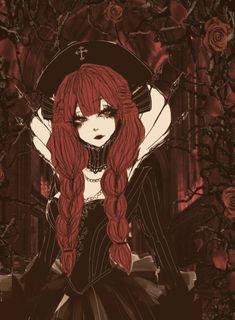 a woman with long red hair wearing a black dress and hat sitting in front of roses