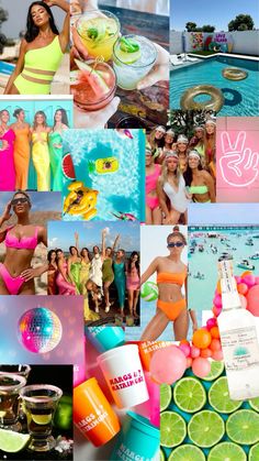 a collage of photos with people in bikinis and cocktails on the beach