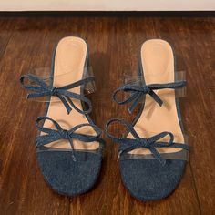 Clear Straps With Denim Bows No Flaws Block Heel Summer Denim Block Heel Heels, Summer Denim Block Heel, Blue Denim Sandals With Open Heel, Blue Denim Beach Sandals, Denim Kitten Heels, Denim Bows, Denim Sandals, Denim Fashion, Women's Shoes Sandals