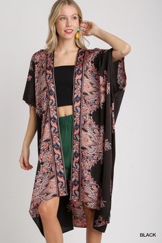 #color_black Bohemian Black Printed Kimono, Black Bohemian Kimono With Kimono Sleeves, Summer Black Silk Kimono, Black Silk Summer Kimono, Black Silk Kimono For Summer, Black Flowy Bohemian Kimono, Flowy Black Kimono For Vacation, Beach Black Printed Kimono, Long Black Printed Kimono