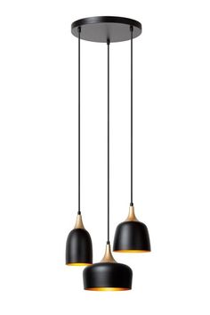 three black and gold pendant lights hanging from a ceiling fixture, with one light on the other