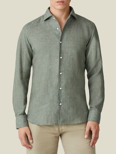 LUCA FALONI | SAFARI GREEN PORTOFINO LINEN SHIRT | MADE IN ITALY Summer Linen Shirt, Green Linen Shirt, Blue Linen Shirt, Safari Green, Summer Wardrobe Staples, Portofino Shirt, Linen Shirt Men, Mens Linen, Cotton Chinos