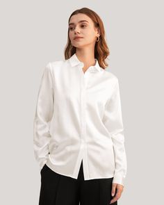 A timeless classic made from the finest Charmeuse silk, which gives this easy-to-care-for shirt a beautifully soft luster. Whether teamed with a suit or jeans, the neat collar and concealed mother-of-pearl buttons create a well-groomed look. 22 Momme Charmeuse Silk Glossy Smooth Soft Silk Shirt Blouses, Silk Comforter, Silk Shirts, Satin Bluse, Silk Bedding Set, Silk Clothes, Silk Nightwear, Shirt Blouses Women's, Popular Shirt