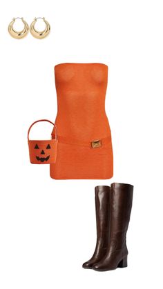 an orange dress and brown boots with pumpkins on it, including a handbag