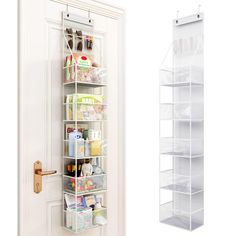 the door is open to reveal an organized pantry