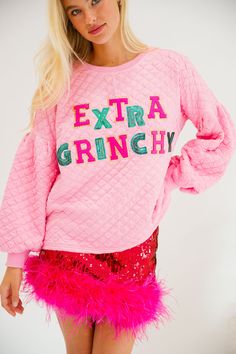 EXTRA GRINCHY PINK QUILTED PULLOVER PULLOVER Judith March Sequin Shirt Outfit, Pink Christmas Outfit, Festive Sweaters, Extra Grinchy, Quilted Pullover, Sequin Shirt, Christmas Tops, Christmas Outfits, Christmas Photoshoot