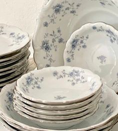 a stack of white and blue plates sitting on top of a table next to each other