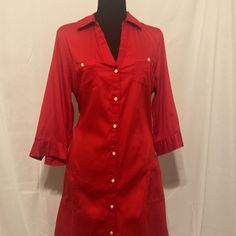 This Old Navy Dress Is A Beautiful Red With Three-Quarter Sleeves Button Down Style. Stitching Detail On The Pockets And The Sleeves Pair It With A Belt Or A Blazer. Belt Not Included Red Collared Shirt Dress For Summer, Red Button-up Shirt Dress For Spring, Red Buttoned Shirt Dress For Summer, Red Workwear Dresses With Button Closure, Casual Red Shirt Dress, Red Cotton Short Sleeve Shirt Dress, Red Button-up Casual Shirt Dress, Red Button-up Shirt Dress Casual, Red Casual Knee-length Shirt Dress