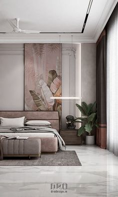 a large bed sitting in the middle of a bedroom next to a painting on the wall