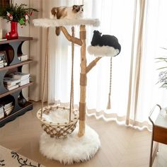 a cat sitting on top of a tree in a living room