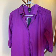 3/4 Sleeve Button Down Blouse Size Medium New With Tags Never Worn Excellent Condition Non-Smoking Home Purple Button-up Blouse For Work, Spring Purple Half-sleeve Blouse, Spring Purple Half Sleeve Blouse, Purple Button-up Office Shirt, Collared Purple Blouse With Button Closure, Purple Button-up Shirt For Office, Purple Collared Blouse With Button Closure, Purple Long Sleeve Blouse For Work, Purple Button-up Workwear Tops