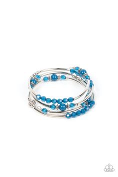 Infused with dainty silver beads, cylindrical silver rods, and swirly silver accents, a mismatched collection of Mykonos Blue crystal-like and acrylic beads are threaded along a wire that coils around the wrist for a versatile pop of color.

 Sold as one individual bracelet. Mykonos Blue, Coil Bracelet, Brass Bracelet, Toggle Bracelet, Blue Jewelry, Paparazzi Jewelry, Blue Bracelet, Silver Accents, Acrylic Beads