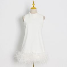 Lasaky - Chic Ostrich Feather Trimmed Sleeveless Solid Color Dress with Luxurious Design Dainty Dress, Ostrich Feather Trim, Elegant Mini Dress, Porto Rico, Mini Dress Fashion, White Feather, Ostrich Feather, Solid Color Dress, Mini Dresses For Women