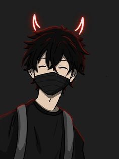 an anime character wearing a black mask with horns on his head and eyes glowing red