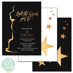 an oscar awards party with gold stars on black and white paper, including a golden statue