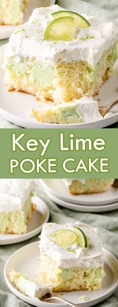 key lime poke cake on white plates with text overlay