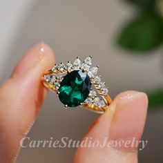 Genuine green emerald ring set, solid gold green gemstone bridal ring set, match with a curve band, can customized with different stones, please contact freely. Main Ring: Material: Solid 14K Gold Main Stone: 7*9 Lab Grown Emerald Side Stone: Simulated Diamonds/Moissanite Band Width: Approximately 1.6 mm Matching Band: Material: Solid 14K Gold Stone on the band: Simulated Diamonds/Moissanite Band Width: Approximately 1.5 mm CS0461 🌺Custom service: ✔️Stones can be changed to different gems, plea Green Moissanite Emerald Ring For Wedding, Green Cubic Zirconia Bridal Set For Anniversary, Green Solitaire Emerald Wedding Ring, Wedding Solitaire Emerald Ring, Green Emerald Ring With Accent Stones For Wedding, Emerald Engagement Ring Set, May Birthstone Rings, Green Emerald Ring, Emerald Engagement