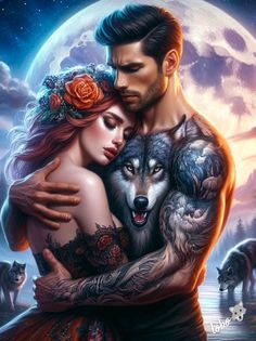 a man and woman hugging each other in front of a full moon with wolfs