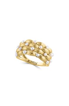 A polished 14-karat yellow-gold ring showcases pillowy, textural bands dotted with dainty freshwater pearls for elegant shine. 3/8" band width Pearl size: 2mm 14k gold/freshwater pearl Made in the USA Pearl Ring Band, Pearl Eternity Band, Pearl Wedding Band, Multi Band Ring, Keep Jewelry, Pearl Size, Pearl Ring, Eternity Bands, Womens Jewelry Rings