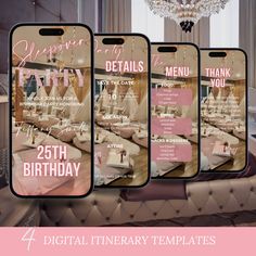 four iphone screens showing the details of a birthday party with pink and gold decorations on them