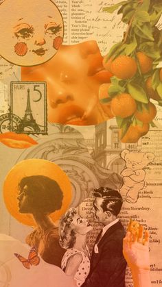 collage of oranges and images with woman in the middle, man holding up his hand