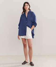 Relaxed Oversized Shirt ChambrayWith a dramatically oversized fit, this staple piece redefines style versatility. Tucked, untucked, or half-tucked depending on your mood—the Relaxed Oversized Shirt is as crisp and put together as it is effortlessly cool for any occasion.100% linen.Made in China of Italian fabric.Oversized button-up shirt with a generous fit to provide a relaxed look and feel. Chic Relaxed Fit Shirt For Daywear, Chic Shirt For Daywear With Relaxed Fit, Chic Oversized Shirt For Everyday, Chic Oversized Everyday Shirt, Oversized Effortless Shirt With Shirttail Hem, Oversized Shirt With Spread Collar For Spring, Relaxed Collared Shirt For Daywear, Relaxed Fit Shirt For Daywear, Oversized Versatile Blouse With Shirttail Hem