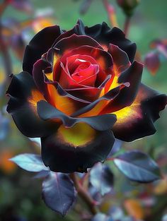 a red and black rose with green leaves