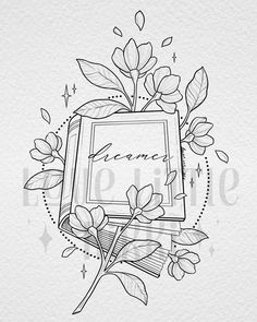 a black and white drawing of a frame with flowers in the middle, surrounded by leaves