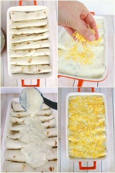 four pictures showing how to make an enchilada casserole with cheese and sour cream