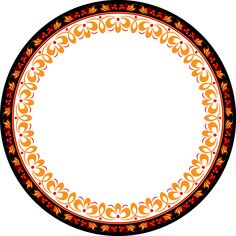 an orange and black circular frame with red flowers on the border, in front of a white background