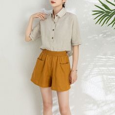 Cool and comfortable for hot summer days, this linen shirt is elegant and stylish.    It is a wonderful wardrobe staple that's a timeless classic you'll wear again and again.Pure natural linen materials, comfortable, breathable, refreshing and soft fabric. All our items are Tailored and Handmade and Made to Order ,I can make Any Size . I design new styles every week, please collect my store. I believe that you will meet your favorite styles. ★★FEATURES Linen 55% + Cotton 45% ( Medium Weight，Comf Yellow Blouse With Pockets For Summer, Yellow Summer Blouse With Pockets, Summer Collared Blouse With Pockets, Casual Beige Summer Shirt, Casual Linen Blouse For Summer, Casual Linen Summer Blouse, Casual Linen Spring Blouse, Summer Linen Shirt With Collar, Beach Linen Shirt With Pockets