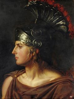 a painting of a woman wearing a helmet with feathers on it's head and an orange flower in her hair