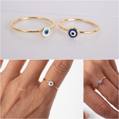 Gold Evil eye ring This listing is for ONE ring DE T A I L S ✦ listing is for ONE ring ✦ available in gold ✦ eye colors available: blue, white ✦ eye size: 5mm ✦ band size: 1mm (closed band) M A T E R I A L ✦ gold vermeil over 925 sterling silver ✦ enamel N O T E S 📌 19bis wants to make sure every customer is satisfied with their purchase. Please let us know if you have any questions, we are always available to help! 📌 Please verify the size of the item you are purchasing, as they can appear la Yellow Gold Evil Eye Round Ring, Symbolic Evil Eye Jewelry Ring, Symbolic Evil Eye Ring Jewelry, Evil Eye Promise Ring, Yellow Gold Evil Eye Ring, Gold Evil Eye Promise Ring, 14k Gold Evil Eye Ring, Gift Open Ring With Evil Eye Detail, White Evil Eye Ring Jewelry