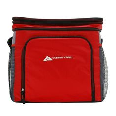 a red and grey bag with the words mountain trail on it's front pocket