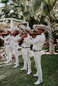 a group of men in white outfits and hats playing instruments on the grass with palm trees behind them