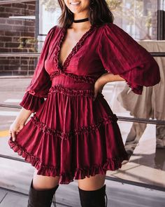 Bell Sleeve Cut Out Ruffled V-Neck Dress in More Colors – Shop Hearts Long Sleeved Top, Drawing Clothes, V Neck Dress, Bell Sleeve, Everyday Look, Dress Skirt, Bell Sleeves, Long Sleeve Tops, Cut Out