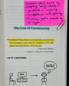 an open book with writing on it and a sticky note about the law of conditioning